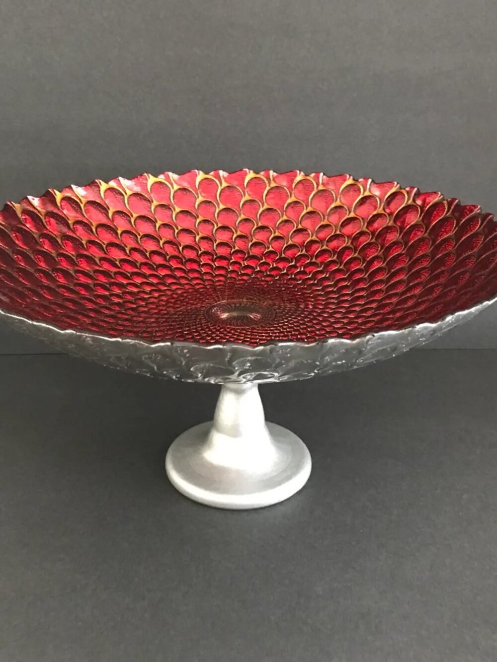 Vintage Mid Century Metal & Glass Red Gold & Silver Compote Bowl